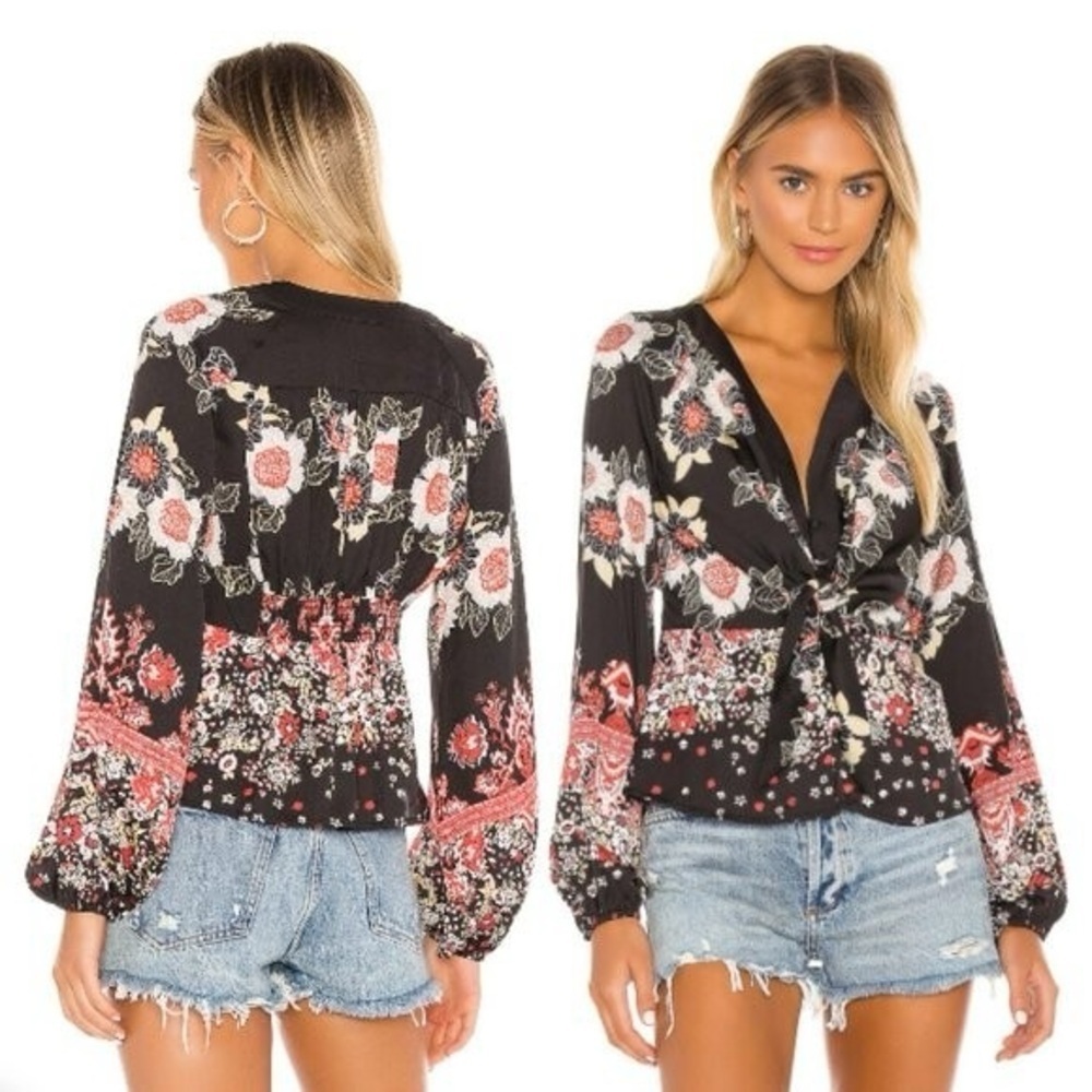 FREE PEOPLE Run Free Satin Blouse Floral Front Tie V-Neck Large
